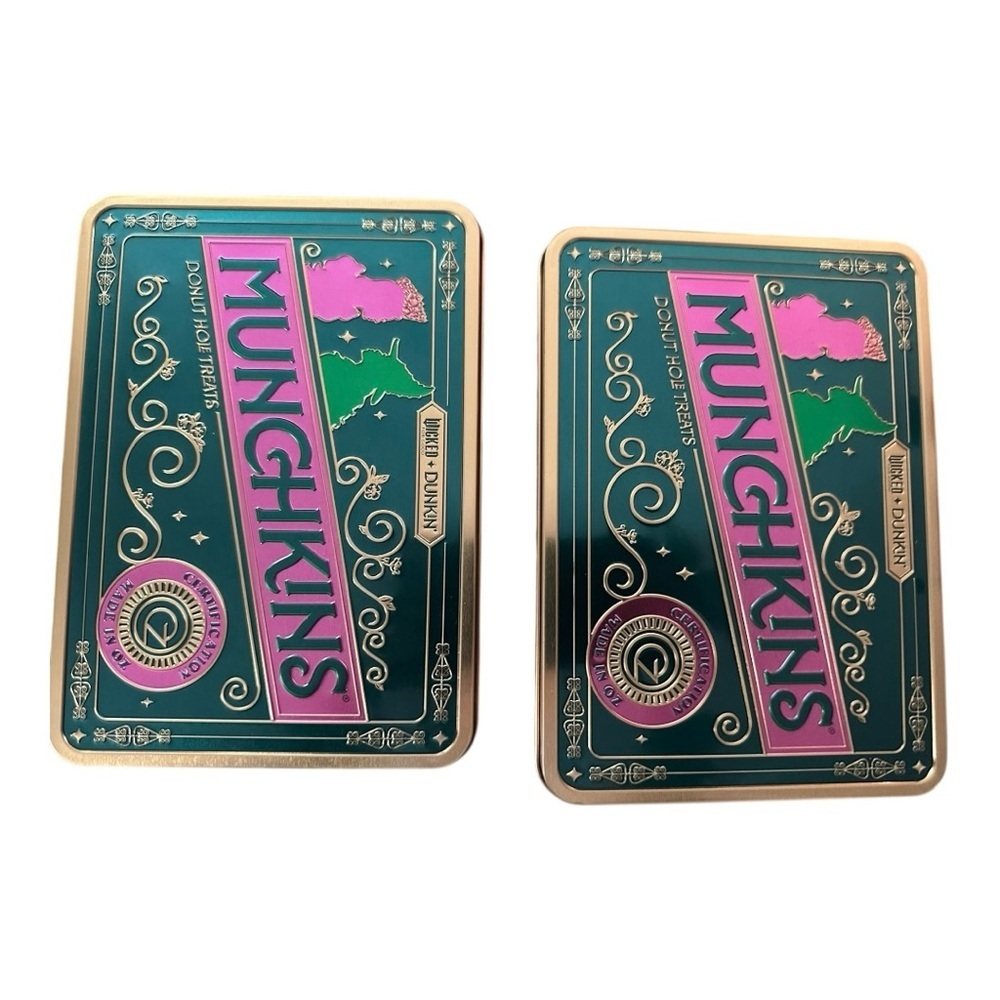 🎄 DUNKIN x WICKED Good For You Munchkin Tin Glinda & Elphaba Pink ,Green.(2 pcs)